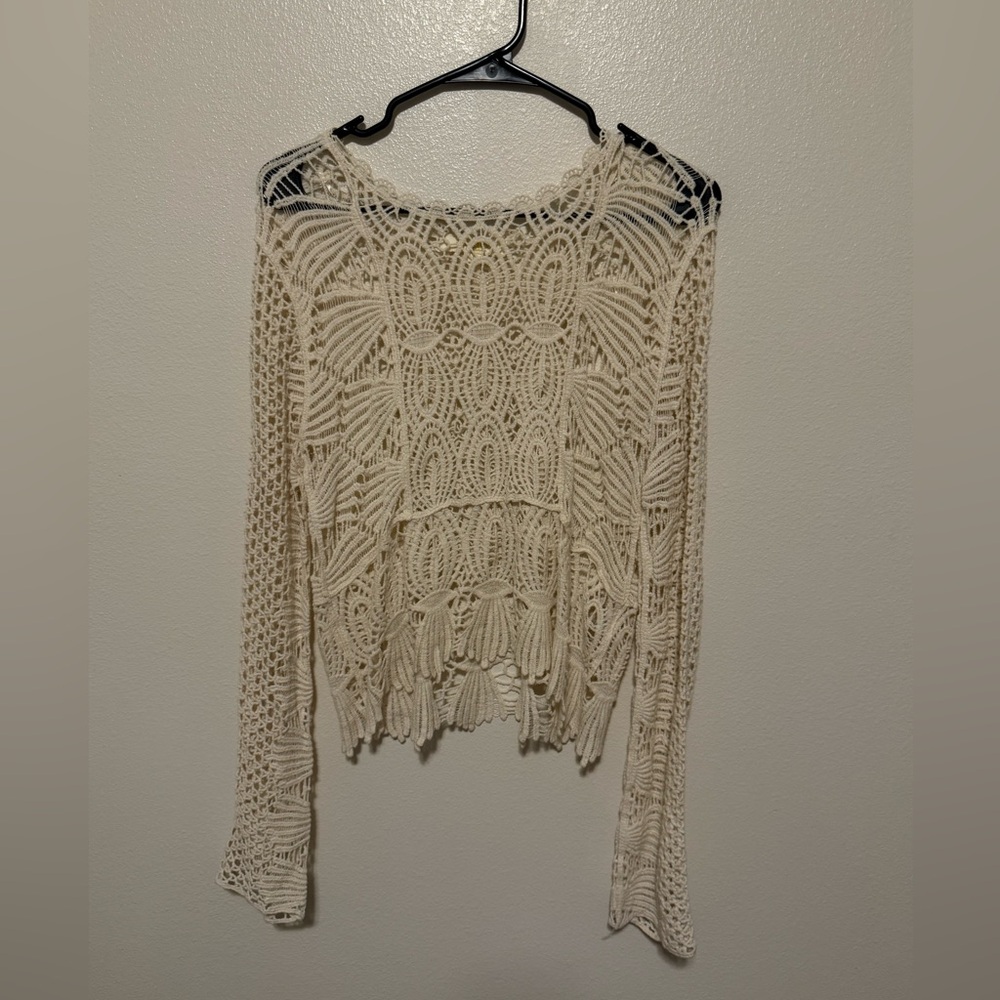 Rebellion Cream Crochet Knit Sweater | Size L | Boho Festival Open Knit Pullover